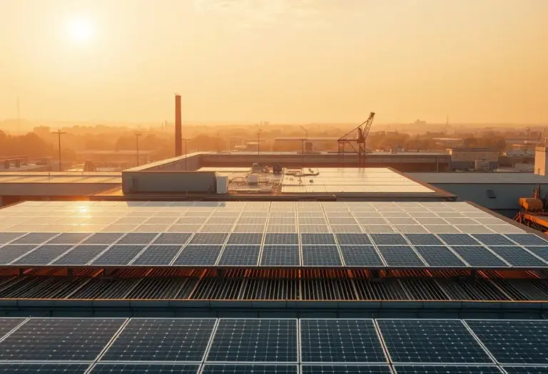 Modernes Industriegebäude mit Solaranlage, Sonnenuntergang