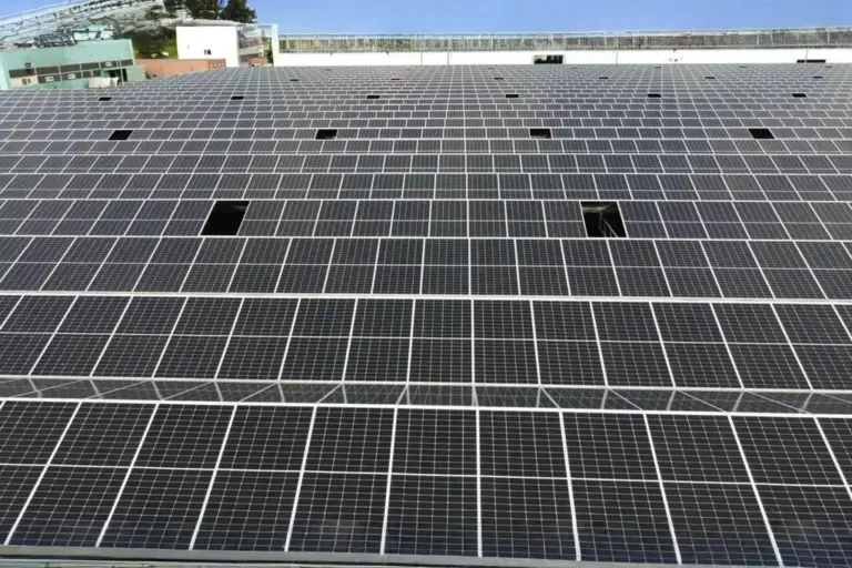 Dicht belegte Freiflächen-Photovoltaikanlage mit homogener Modulstruktur, Vordergrundperspektive