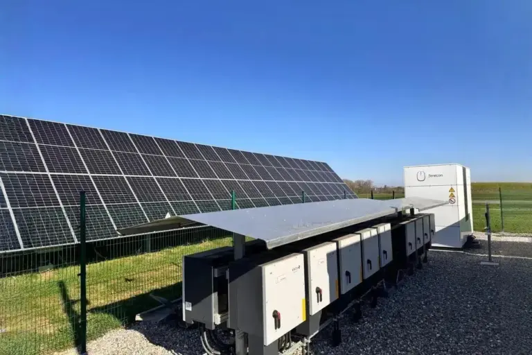 Freiflächen-Solaranlage mit Wechselrichtern und FENECON-Speichercontainer, sonniger Tag