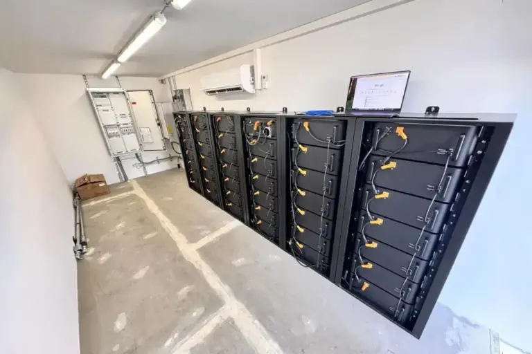 Innenansicht eines Technikraums mit mehreren Batterieschränken des FENECON Commercial Speichersystems, Elektroverteilung und Wandklimagerät