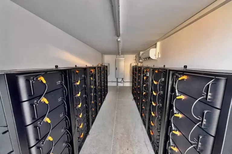 Blick in einen langen Technikraum mit zwei Reihen FENECON Commercial Batterieschränken, zentralem Gang und Klimagerät an der Wand