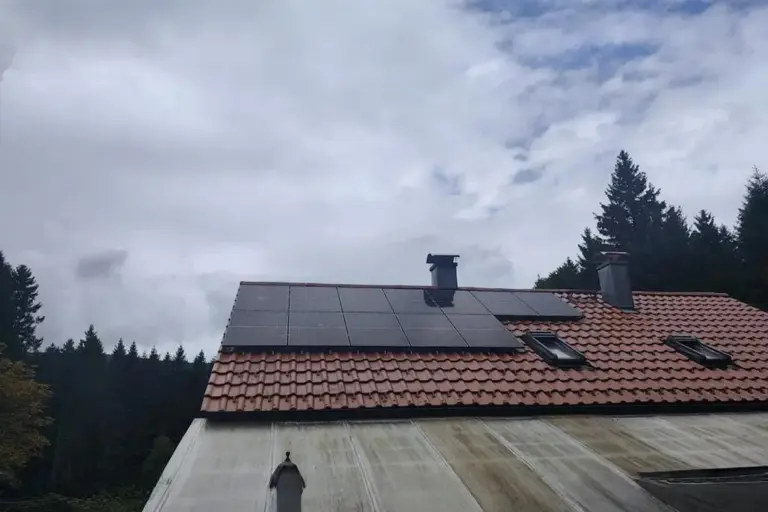 Photovoltaikanlage auf rotem Ziegeldach mit zwei Dachfenstern und zwei Kaminen, Waldrand im Hintergrund unter bewölktem Himmel