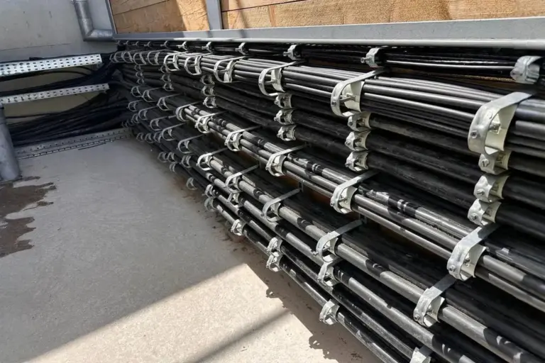 Professionelle Kabelverlegung mit mehrfachen Kabeltrassen und Schellen in Energiecontainer